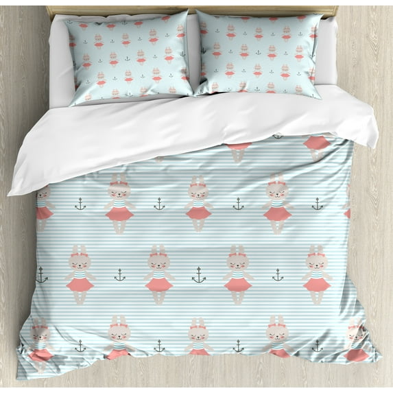 Ambesonne Marine Duvet Cover Set, Bunnies on Oceanic Stripes, King, Pale Blue Coral