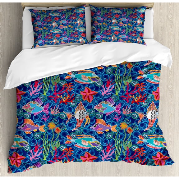 Ambesonne Marine Duvet Cover Set, Fishes in Tropical Ocean, 2-Calking, Navy Blue Sea Blue Pink