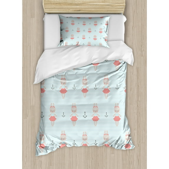 Ambesonne Marine Duvet Cover Sets, Bunnies on Oceanic Stripes, 2-Twin, Pale Blue Coral