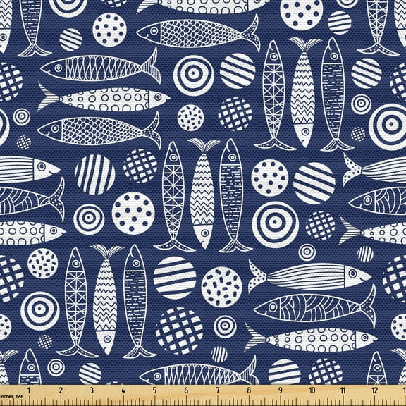Ambesonne Marine Fabric by the Yard, Bohemian Style Fish Print, 2 Yards, Indigo and White