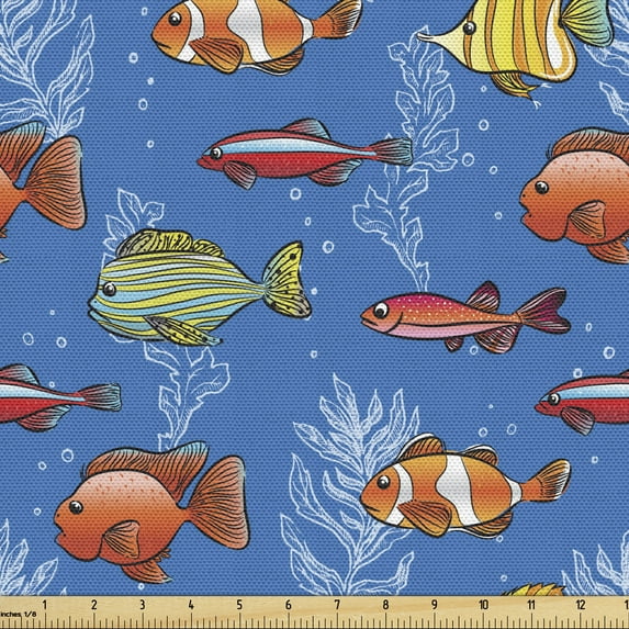 Ambesonne Marine Fabric by the Yard Upholstery, Colorful Fishes and Seaweeds, 3 Yards, Sea Blue and Multicolor