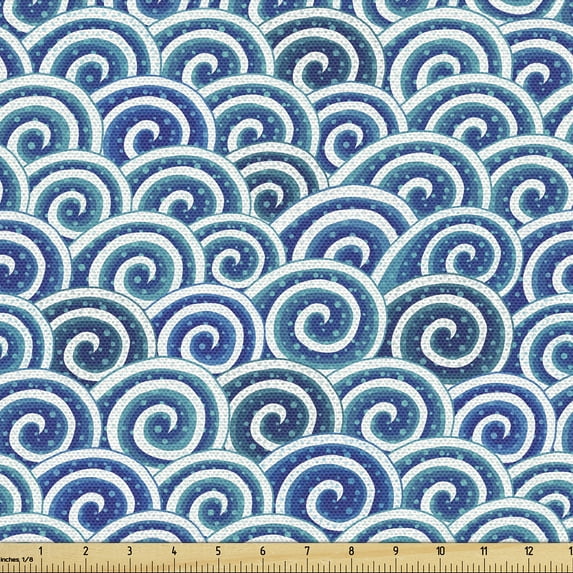 Ambesonne Marine Fabric by the Yard Upholstery, Graphical Spiral Sea Waves, 5 Yards, Indigo Off White Sea Blue