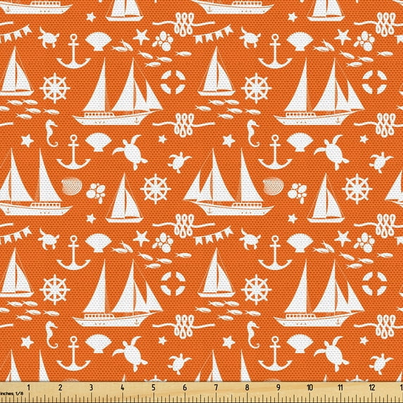 Ambesonne Marine Fabric by the Yard Upholstery, Sailboat Motifs Sea Animals, 10 Yards, Burnt Orange White