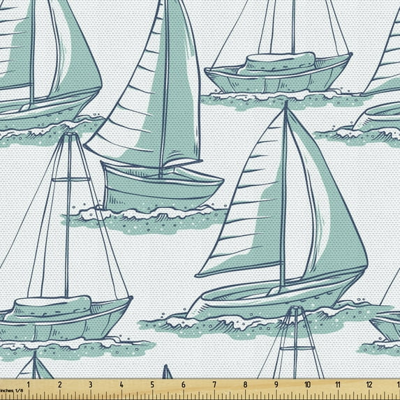 Ambesonne Marine Fabric by the Yard Upholstery, Sailboats Sketch on Sea Art, 5 Yards, Seafoam Dark Sky Blue