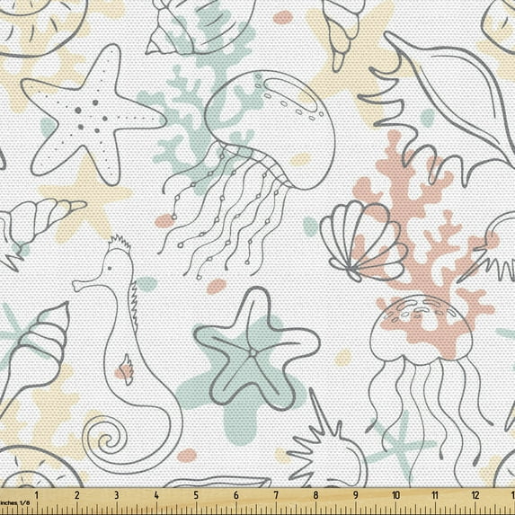 Ambesonne Marine Fabric by the Yard Upholstery, Underwater Animals Doodle, 2 Yards, White Multicolor