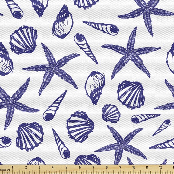Ambesonne Marine Fabric by the Yard Upholstery, Vintage Shell Illustration, 2 Yards, White Dark Lavender