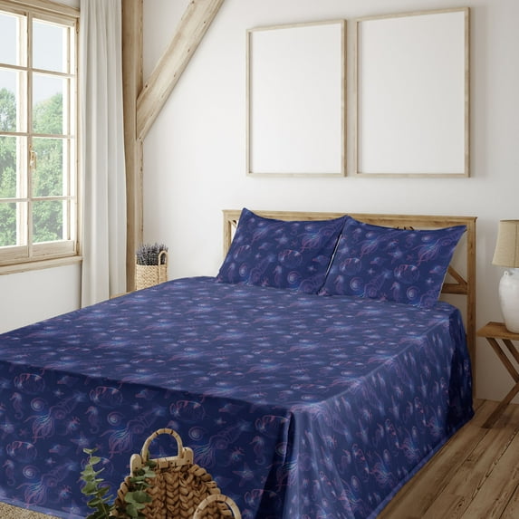 Ambesonne Marine Fitted & Flat Sheet with Sham 3 Pcs Set, Nautical Print Seahorses, Twin XL, Indigo Lilac and Pink
