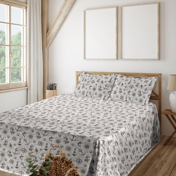 Ambesonne Marine Fitted & Flat Sheet with Sham 3 Pcs Set, Ocean Nautical Pattern Art, Twin XL, Dark Cocoa Eggshell