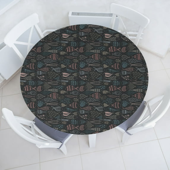 Ambesonne Marine Fitted Round Tablecloth, Outline Fish Print Ocean Art, 40"- 44" Diameter, Blue Rose Dark Blue Grey