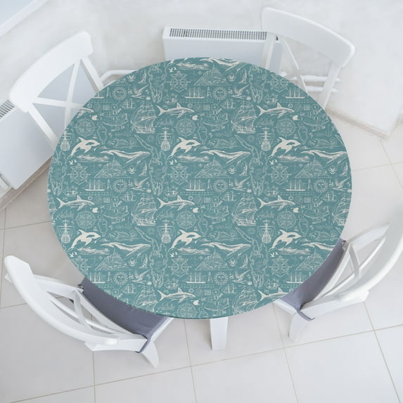 Ambesonne Marine Fitted Round Tablecloth, Vintage History Shark Ocean, 45"- 56" Diameter, Cadet Blue White