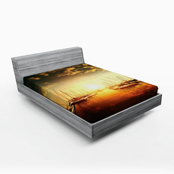 Ambesonne Marine Fitted Sheet, Boats on the Pier, Queen Size, Orange Black Pale Yellow