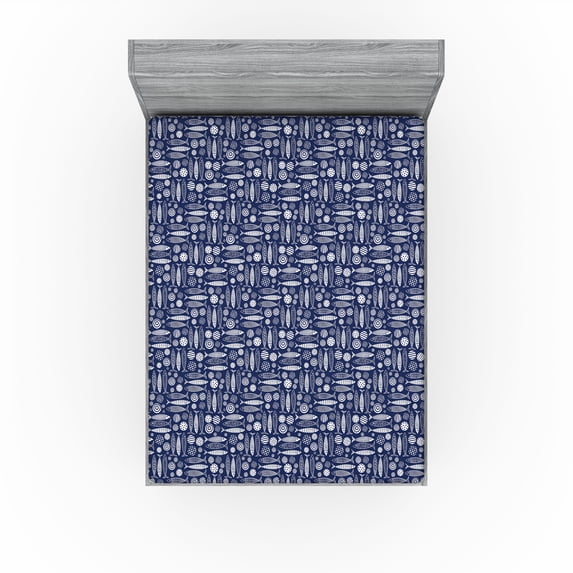Ambesonne Marine Fitted Sheet, Bohemian Style Fish Print, California King, Indigo and White