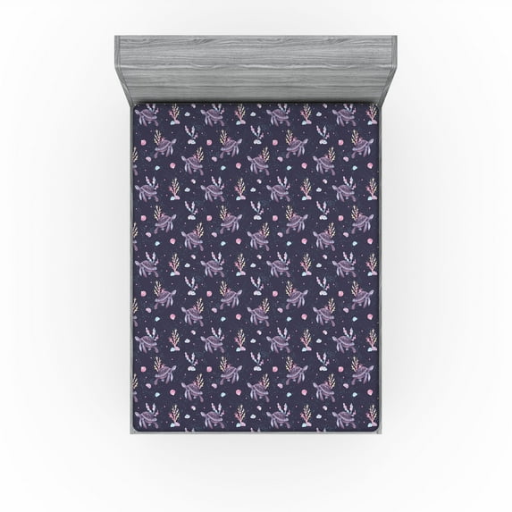 Ambesonne Marine Fitted Sheet, Caretta Caretta Print Corals, Full Size, Dark Indigo and Plum