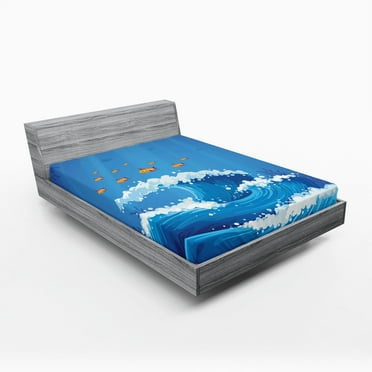 Ambesonne Marine Fitted Sheet, Fish and Wave in Ocean, Queen Size, Violet Blue Orange