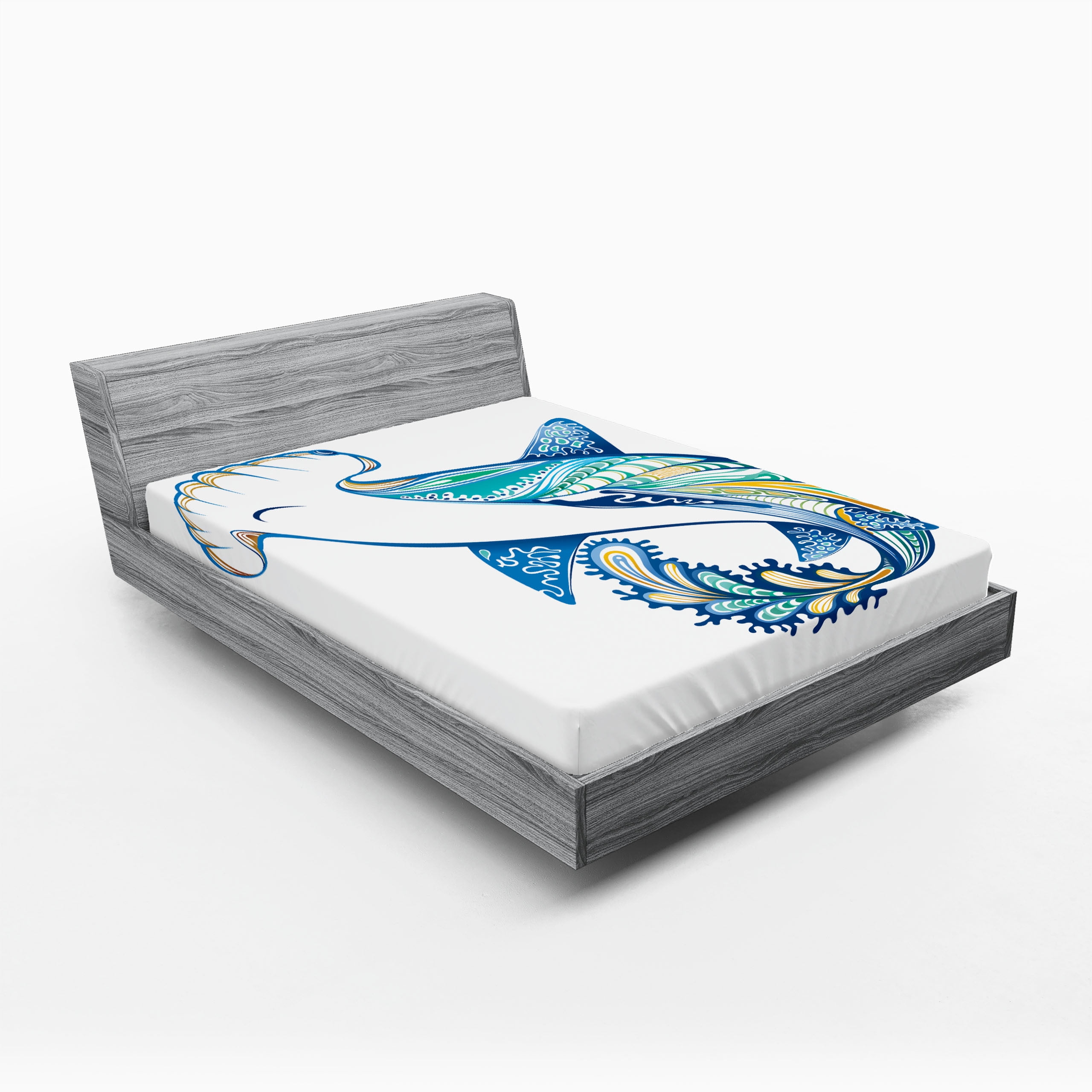 Full Size White Microfiber Fitted Sheet with Ocean Print
