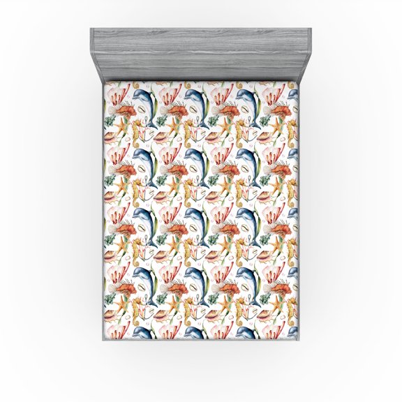 Ambesonne Marine Fitted Sheet, Nautical Dolphin Anchor Art, California King, White Multicolor