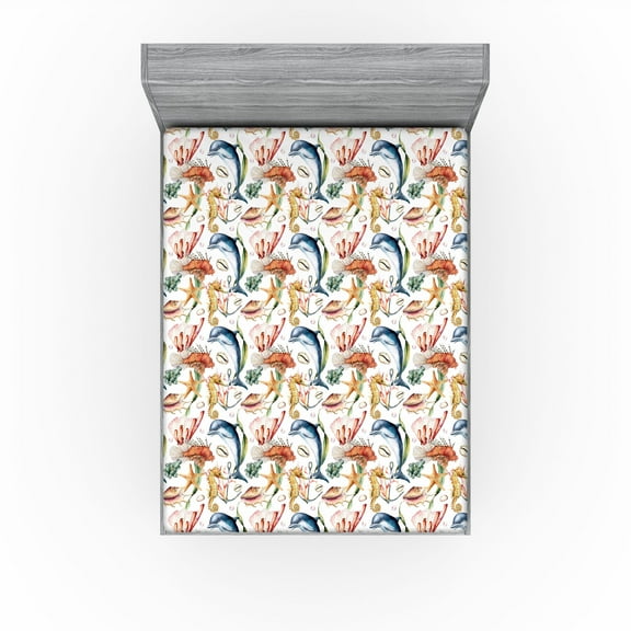 Ambesonne Marine Fitted Sheet, Nautical Dolphin Anchor Art, Full Size, White Multicolor