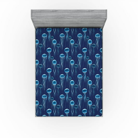 Ambesonne Marine Fitted Sheet, Pattern Nautical Jellyfish, California King, Sea Blue Indigo