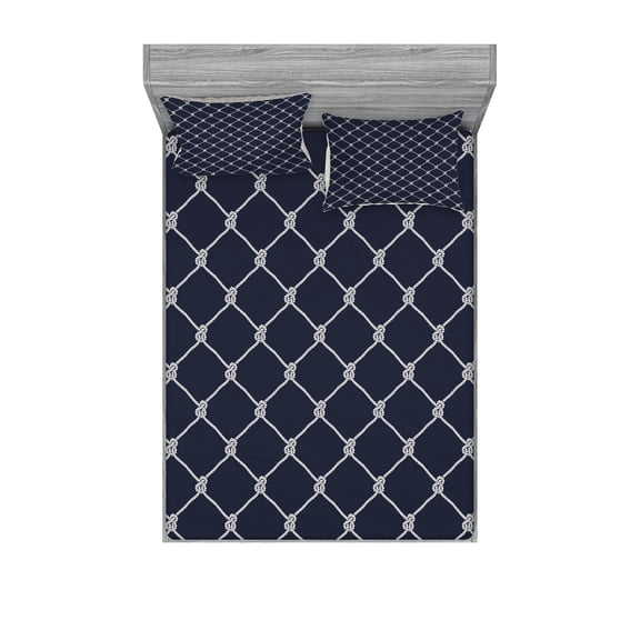 Ambesonne Marine Fitted Sheet & Pillow Sham Set, Classic Nautical Sea Sailing, Calking, Dark Blue White