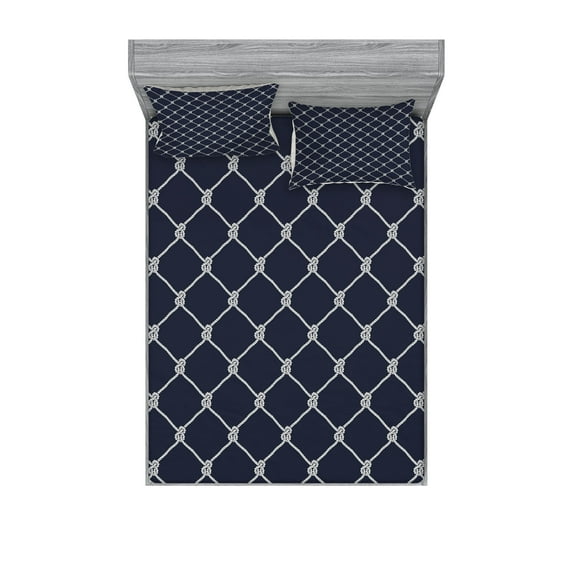 Ambesonne Marine Fitted Sheet & Pillow Sham Set, Classic Nautical Sea Sailing, Queen, Dark Blue White