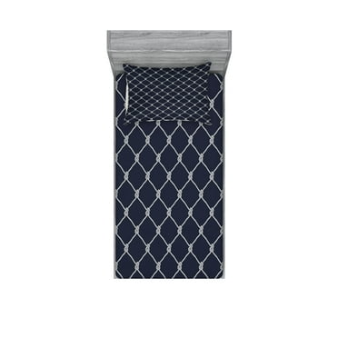 Ambesonne Marine Fitted Sheet & Pillow Sham Set, Classic Nautical Sea Sailing, Twin, Dark Blue White