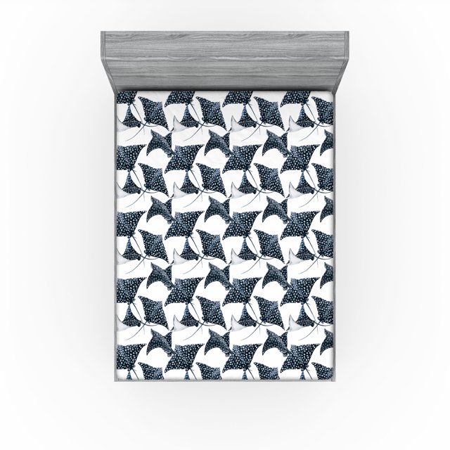 Ambesonne Marine Fitted Sheet, Ramp Fish Pattern Sea Back, California King, White Dark Petrol Blue