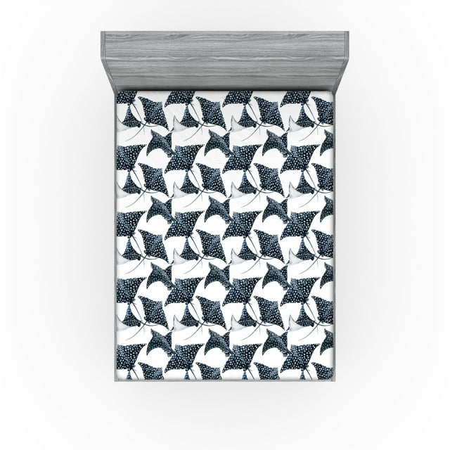 Ambesonne Marine Fitted Sheet, Ramp Fish Pattern Sea Back, California King, White Dark Petrol Blue