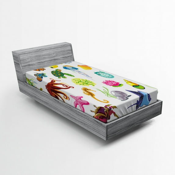 Ambesonne Marine Fitted Sheet, Sea Animals Octopus Fish, Twin XL Size, Multicolor