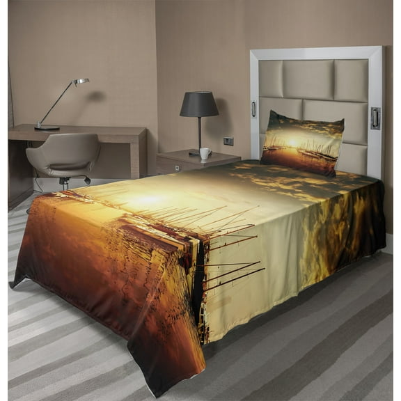 Ambesonne Marine Fitted & Top Sheet Set with Sham, Boats on the Pier, Orange Black Pale Yellow
