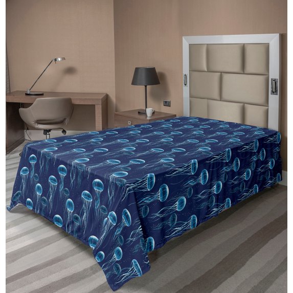 Ambesonne Marine Flat Bedding Sheet Soft Top Sheet, Pattern Nautical Jellyfish, Twin XL, Sea Blue Indigo