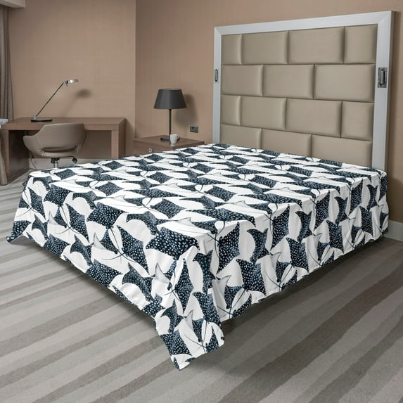 Ambesonne Marine Flat Bedding Sheet Soft Top Sheet, Ramp Fish Pattern Sea Back, King, White Dark Petrol Blue