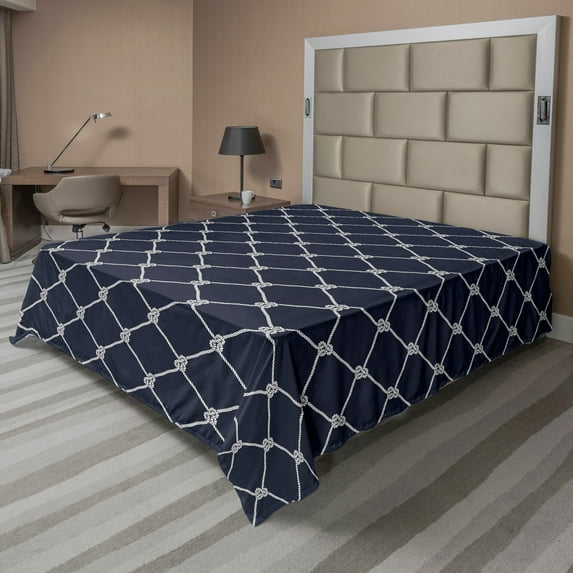 Ambesonne Marine Flat Sheet, Classic Nautical Sea Sailing, Queen Size, Dark Blue White