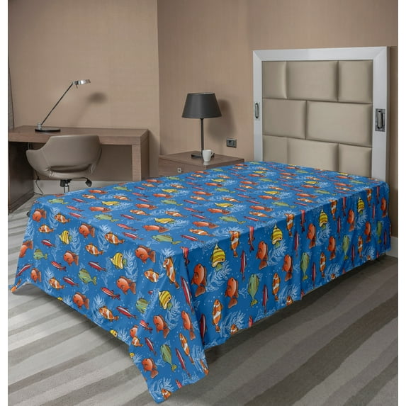 Ambesonne Marine Flat Sheet, Colorful Fishes and Seaweeds, TwinXL Size, Sea Blue and Multicolor