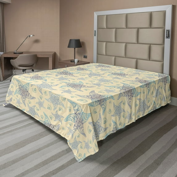 Ambesonne Marine Flat Sheet, Floral Style Starfishes Art, Queen Size, Champagne Multicolor