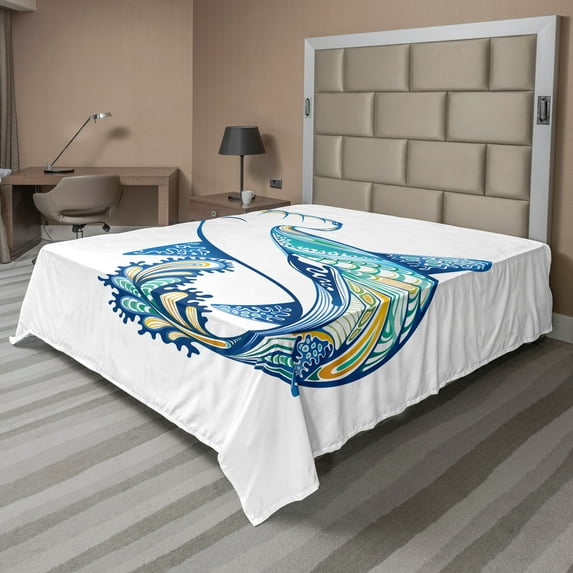 Ambesonne Marine Flat Sheet, Hammer Head Shark Ocean, King Size, Blue Aqua White