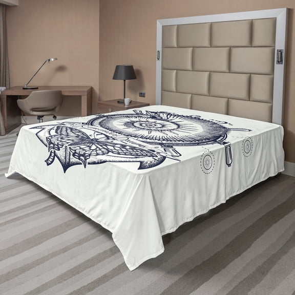 Ambesonne Marine Flat Sheet, Shell Anchor Butterfly Wheel, Full Size, Dark Night Blue Ivory