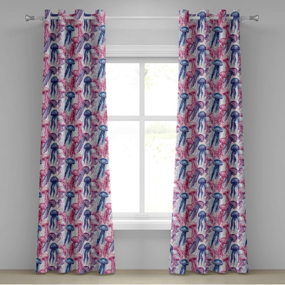 Ambesonne Marine Grommet Curtain, Jellyfish Pattern Retro Art, 50"x96", Pale Pink Indigo and White