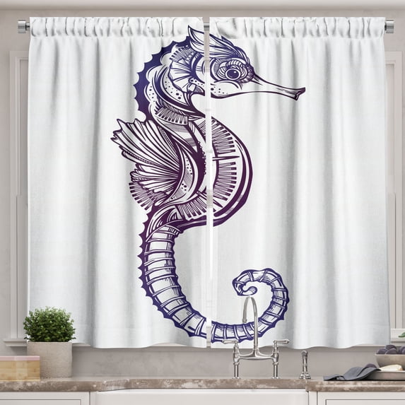 Ambesonne Marine Kitchen Curtains, Boho Seahorse Tattoo, 55"x39", Dark Purple Pale Mauve