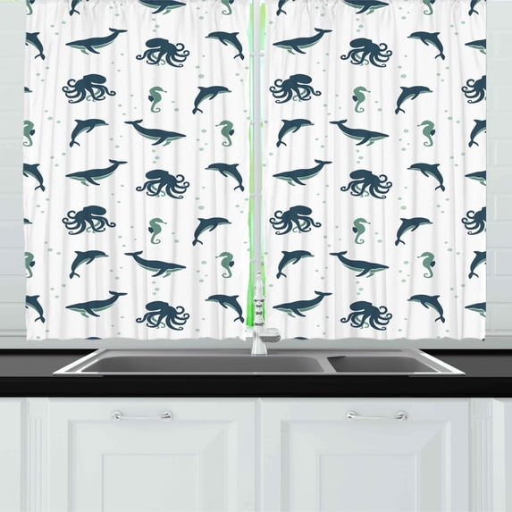 Ambesonne Marine Kitchen Curtains, Dolphin Whale Octopus Sea, 55"x45", Dark Navy Blue White