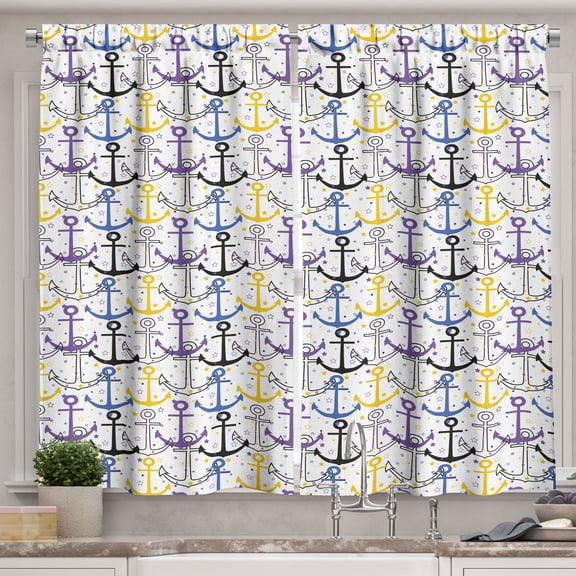 Ambesonne Marine Kitchen Curtains, Nautical Anchor Silhouette, 55"x30", Blue Violet Earth Yellow