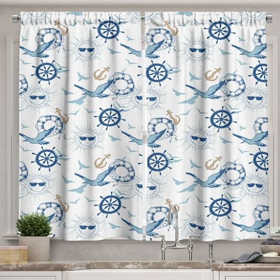 Ambesonne Marine Kitchen Curtains, Sun Anchor Rudder Seagulls, 55"x45", White Blue Almond