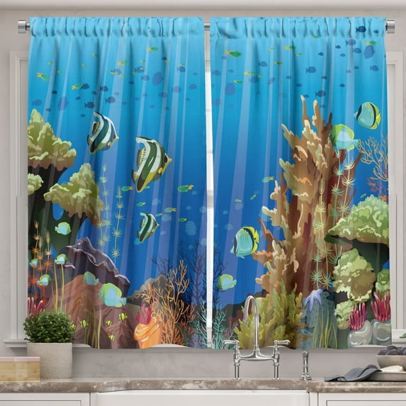 Ambesonne Marine Kitchen Curtains, Underwater World Exotic, 55"x39", Multicolor
