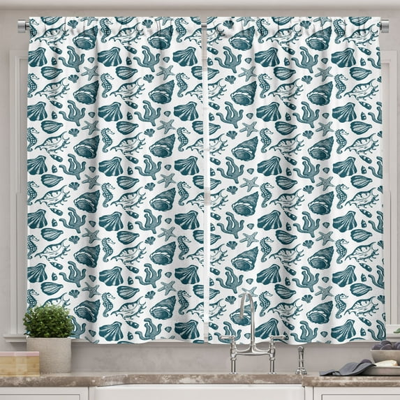 Ambesonne Marine Kitchen Curtains, Vintage Sketch Seahorse, 55"x39", White and Dark Teal