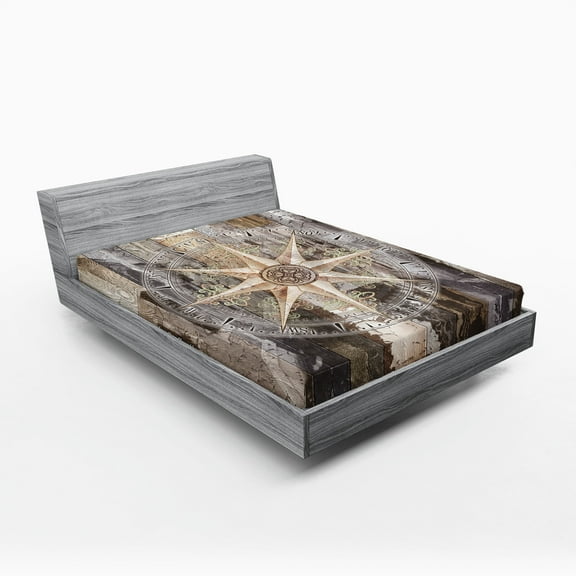 Ambesonne Marine Life Fitted Sheet, Compass Navy Ocean, Full Size, Brown