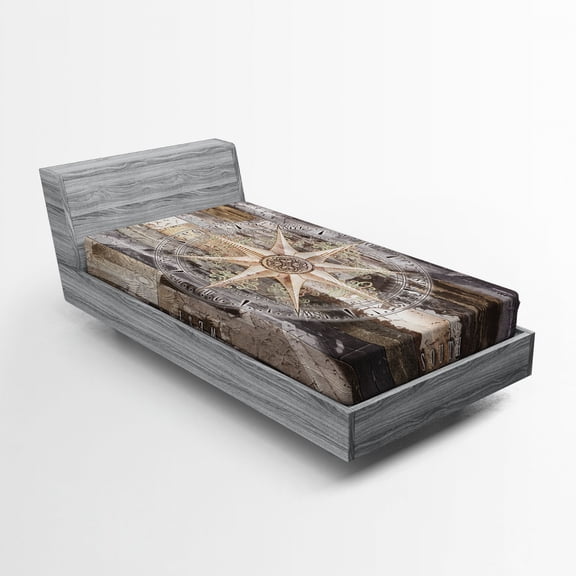 Ambesonne Marine Life Fitted Sheet, Compass Navy Ocean, Twin Size, Brown