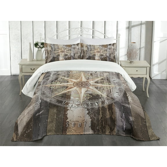 Ambesonne Marine Life Quilted Bedspread Set 3 Pcs, Compass Navy Ocean, Queen Size, Brown