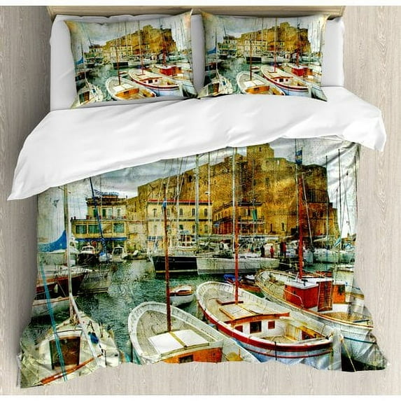 Ambesonne Marine Naples Small Boats at Historical Italian Coast with Heritage Castle Nautical Artwork Duvet Cover Set
