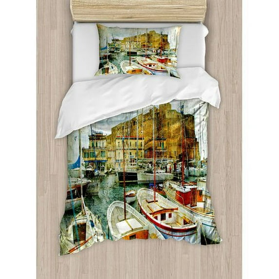 Ambesonne Marine Naples Small Boats at Historical Italian Coast with Heritage Castle Nautical Artwork Duvet Cover Set
