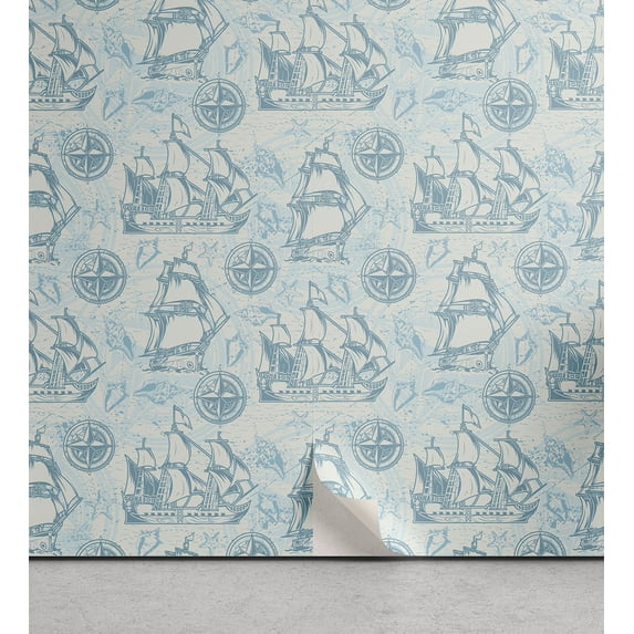Ambesonne Marine Peel & Stick Wallpaper for Home, Ship Nautical Soft Colors, 13"x72", Grey Teal Pale Blue Ivory