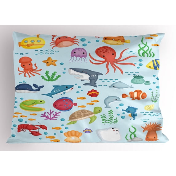 Ambesonne Marine Pillow Sham, Sea Animals Submarine, 26" X 20", Multicolor